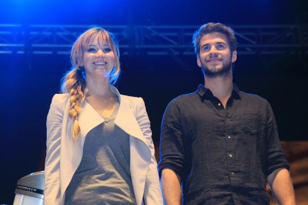 Jennifer Lawrence and Liam Hemsworth together at The Hunger Games rally at Six Flags in Mexico City!
