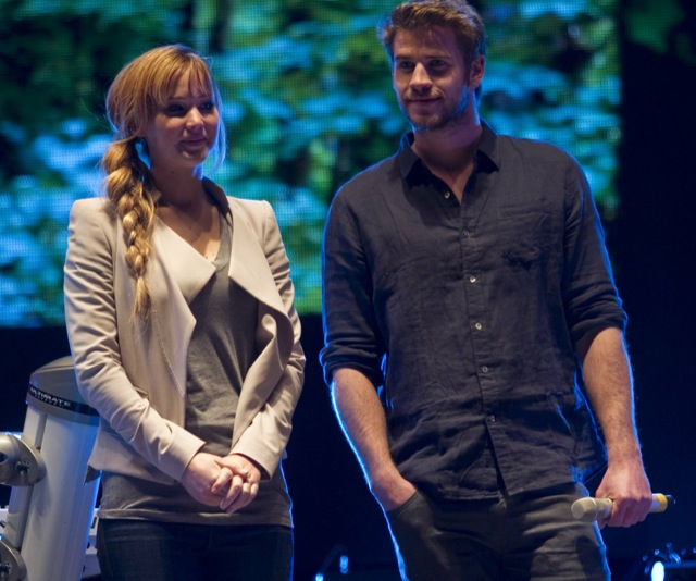 Jennifer Lawrence and Liam Hemsworth together at The Hunger Games rally at Six Flags in Mexico City!
