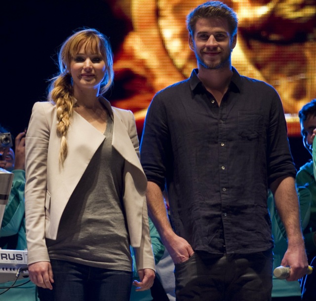 Jennifer Lawrence and Liam Hemsworth together at The Hunger Games rally at Six Flags in Mexico City!
